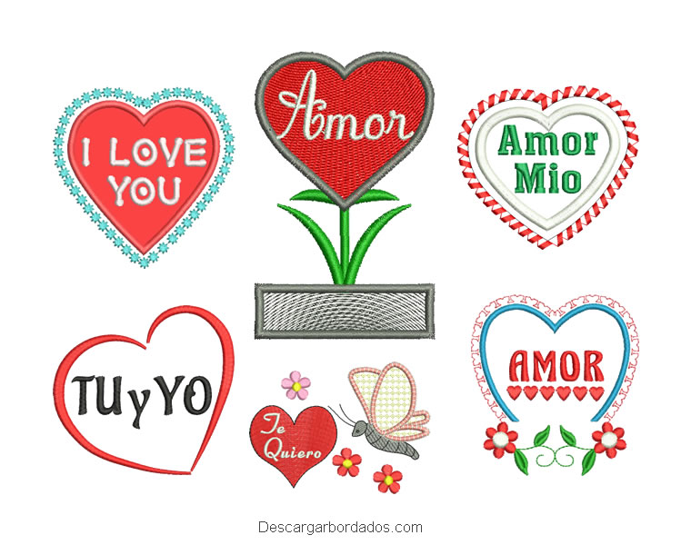 6 Bordados de corazón con frases de amor - Descargar Diseños de Bordados