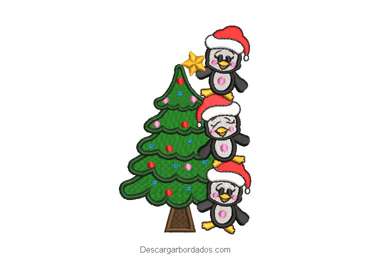 Diseño Bordado Árbol de Navidad con Pingüinos