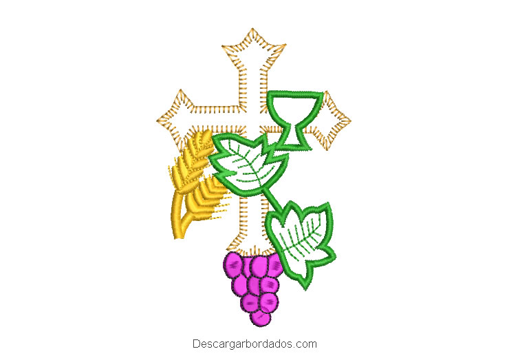 Diseño bordado cruz uvas ramas y espigas de trigo