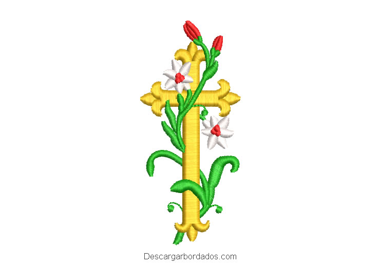 Diseño bordado de cruz con ramas y flores