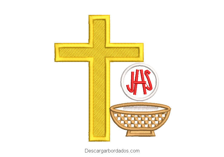 Diseño bordado de cruz y letra JHS con copa