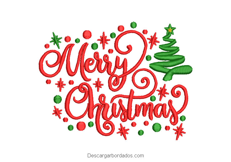 Diseño bordado de letra merry christmas con árbol