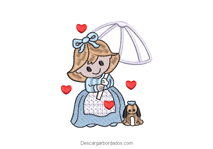 Diseño bordado de niña con paraguas y mascota