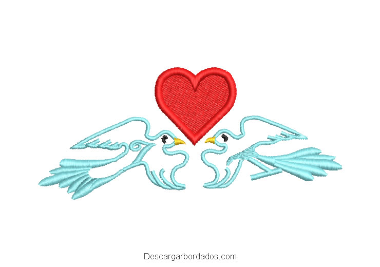 Diseño bordado de palomas con corazón en medio