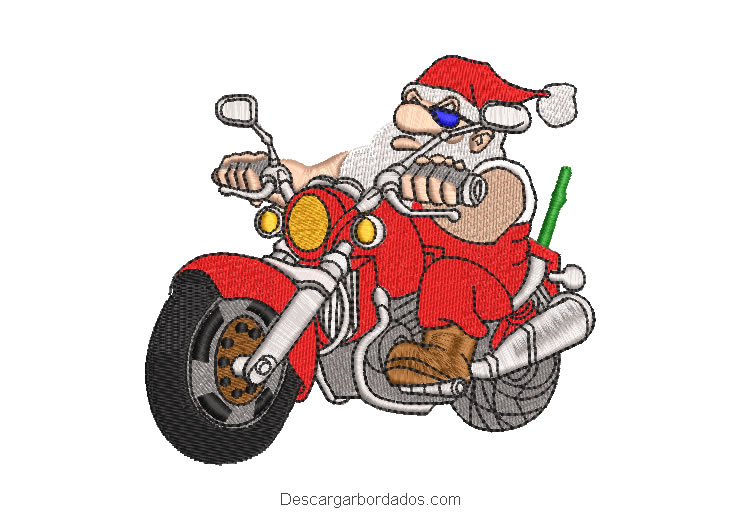 Diseño bordado de papa noel en moto