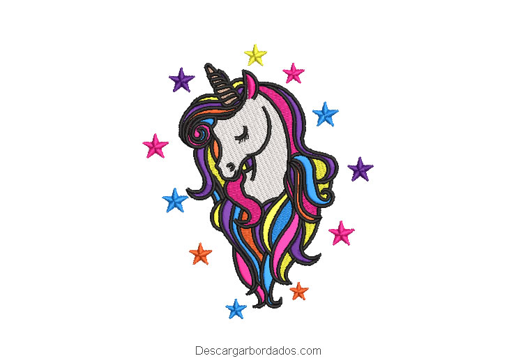 Diseño bordado de pony unicornio con estrellas