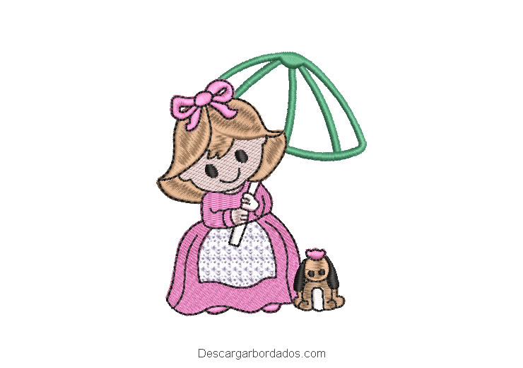 Diseño bordado de princesa con mascota y paragua