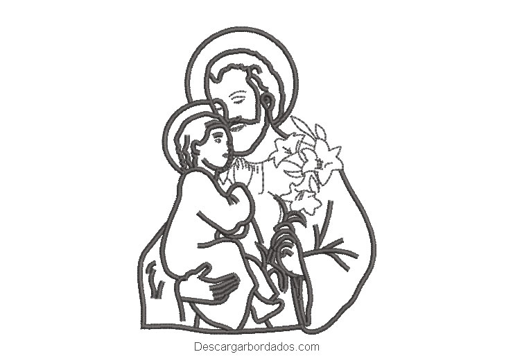 Diseño bordado de santo con niño y flores