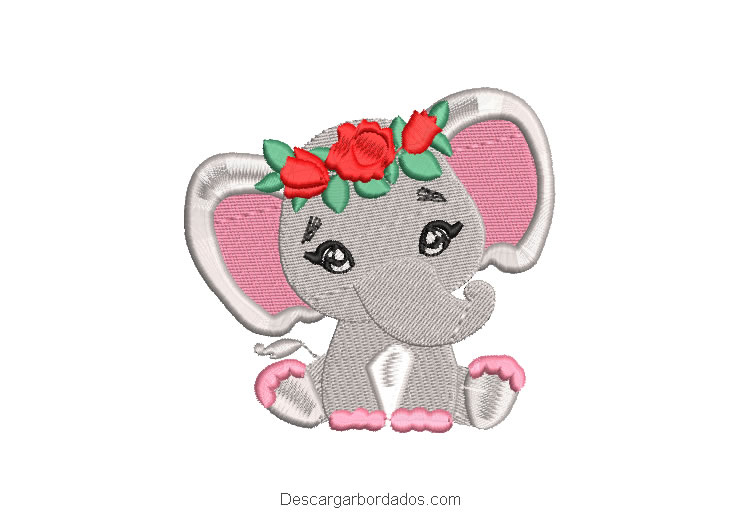 Diseño bordado elefante bebé con corona de rosas