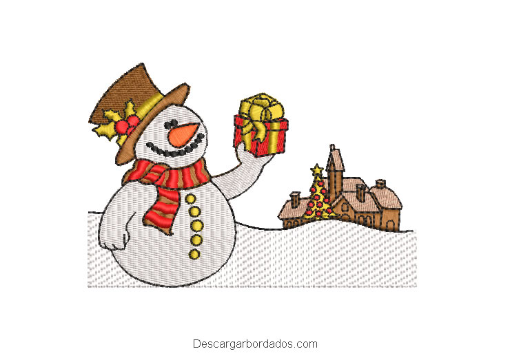Diseño bordado muñeco de nieve con regalo