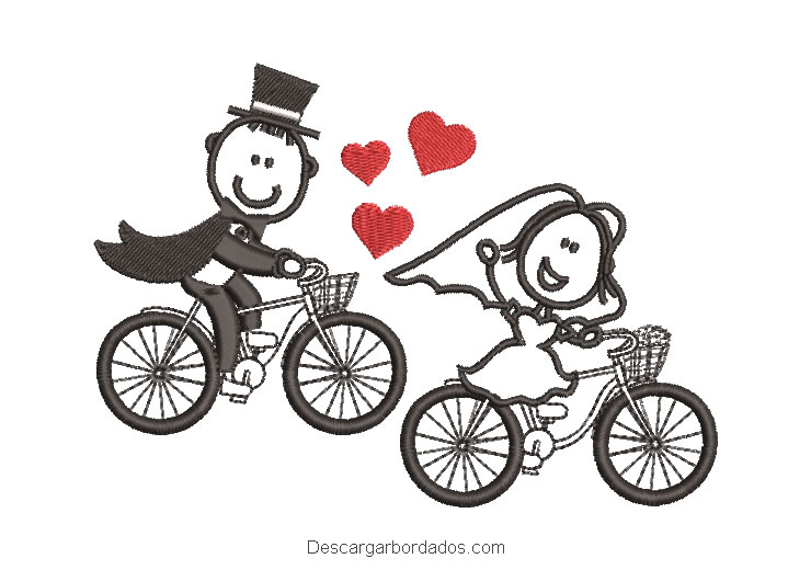 Diseño bordado novia y novio en bicicleta