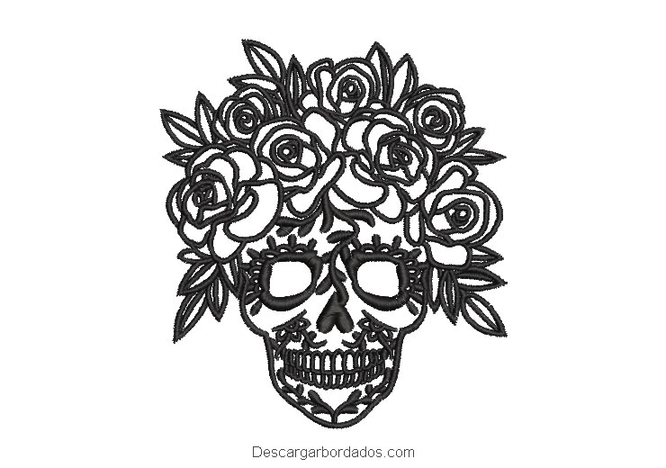 Diseño bordado rostro de calavera catrina con rosas