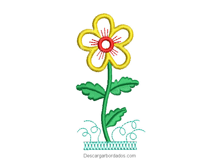 Diseño bordado de flor con hojas verdes