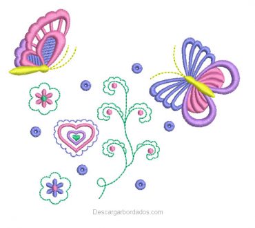 Diseño bordado de mariposa y corazones