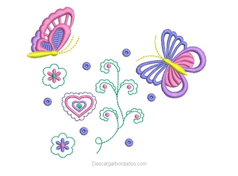 Diseño bordado de mariposa y corazones