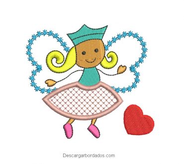 Diseño bordado de niña con vestido mariposa