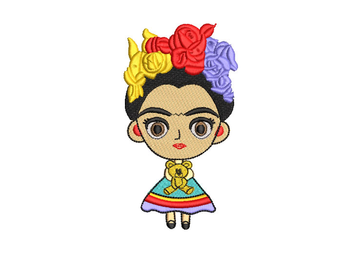 Frida Kahlo Muñeca Infantil con Oso Diseños de Bordado