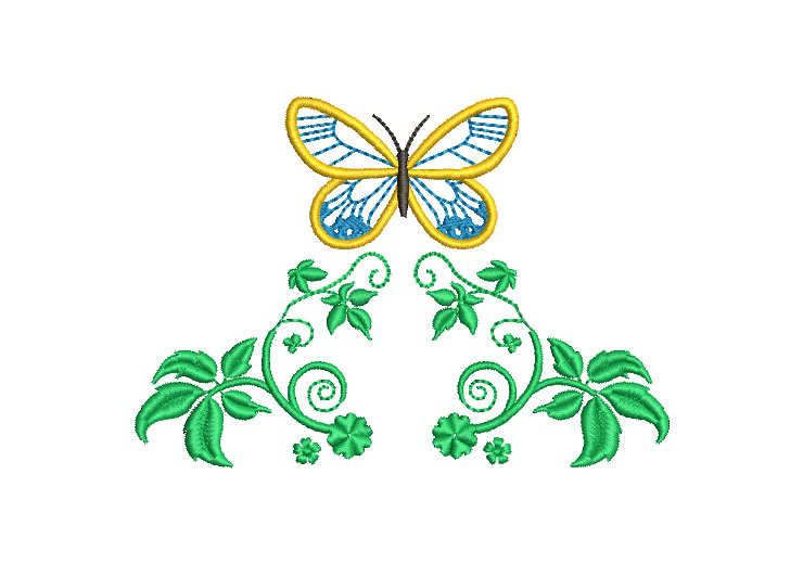 Mariposa con Hojas y Flores Diseños de Bordado