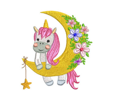 Unicornio Luna con Flores Fantasia Diseños de Bordado