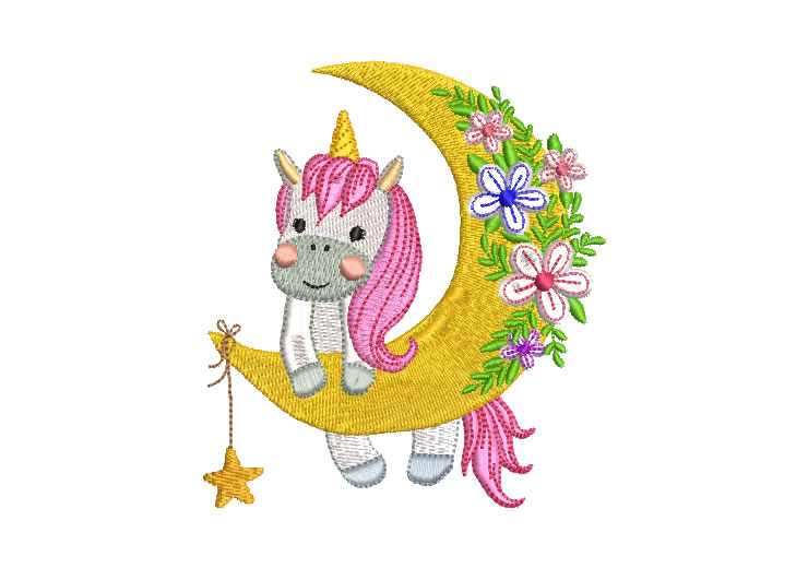 Unicornio Luna con Flores Fantasia Diseños de Bordado